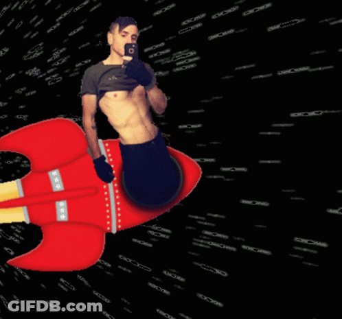 Shirtless Man Taking Selfie On Rocket GIF