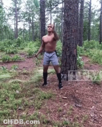 Shirtless Man Throwing Frisbee In Forest GIF