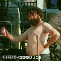 Shirtless Man With Beard Holding Soda And Cane GIF