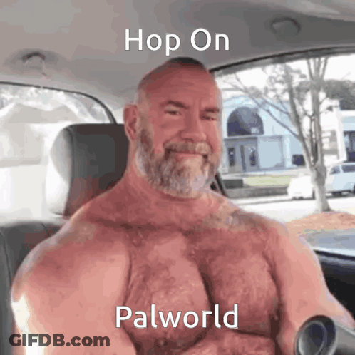 Shirtless Man With Beard In Back Seat Hop On Palworld GIF