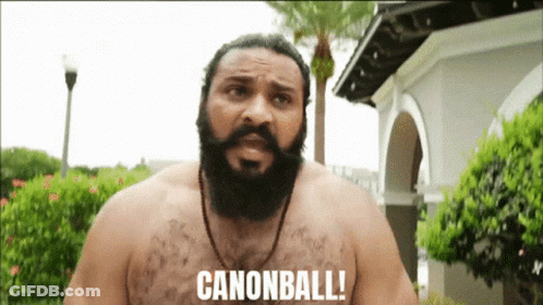 Shirtless Man With Beard Saying Canonball GIF