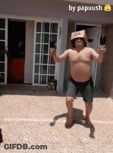 Shirtless Man With Box On Head Holding Beer And Ice Cream GIF