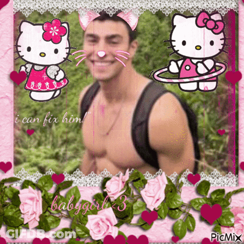 Shirtless Man With Hello Kitty Ears Says I Can Fix Him GIF