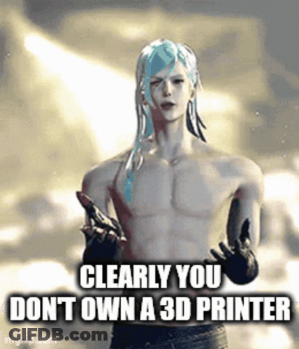 Shirtless Man With Long White Hair Holding Knife Says You Don't Own A 3D Printer GIF