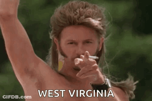 Shirtless Man With Mullet Smoking Cigarette And Pointing GIF