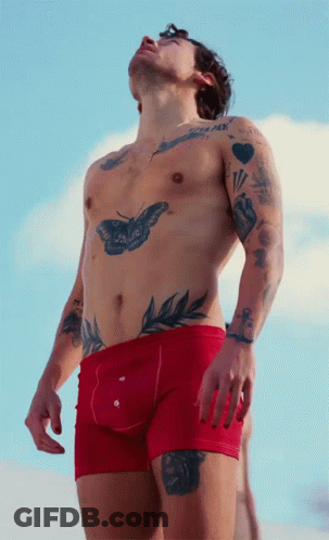 Shirtless Man With Tattoos In Red Underwear GIF