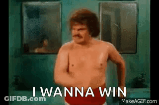 Shirtless Mustache Man Flexing Saying I Wanna Win GIF