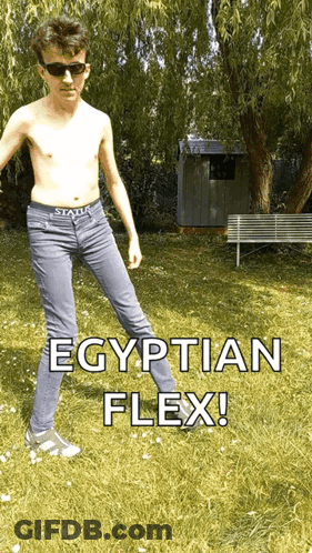 Shirtless Young Man Egyptian Flex In Grass GIF