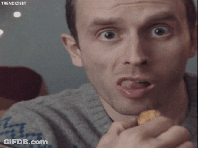Shocked Man Checks Missing Teeth After Eating Walnut GIF