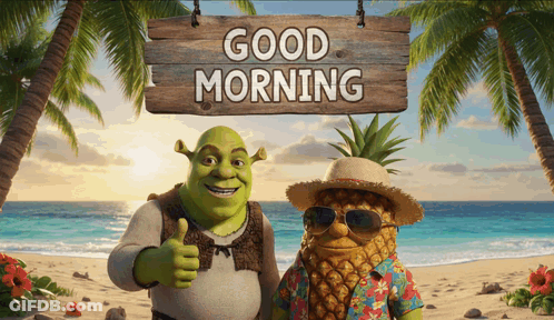 Shrek And A Pineapple On A Beach With A Sign That Says Good Morning GIF