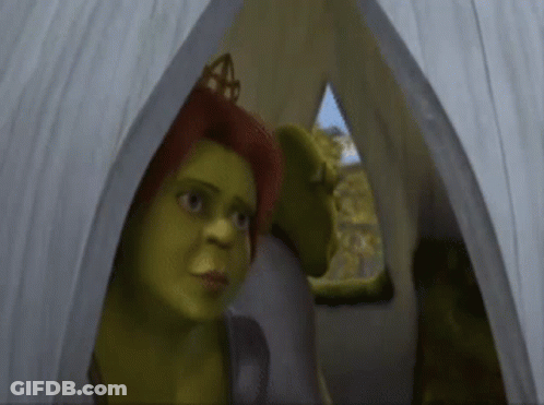 Shrek And Fiona Looking Out Of Tent With Crown GIF