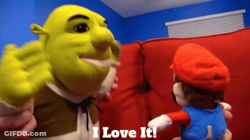Shrek And Mario Are Standing Next To Each Other And The Words I Love It Are On The Bottom GIF