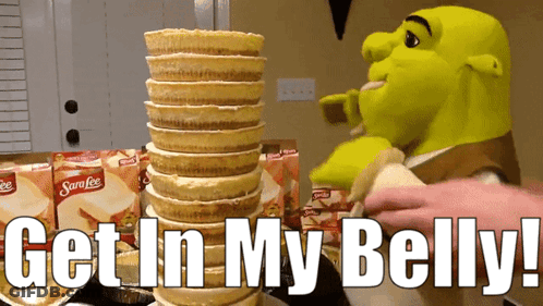 Shrek Eating Waffle Cones Saying Get In My Belly GIF