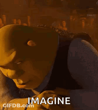 Shrek From Shrek Is Smiling And Looking At The Camera With The Words `` Imagine '' Written Below Him . GIF