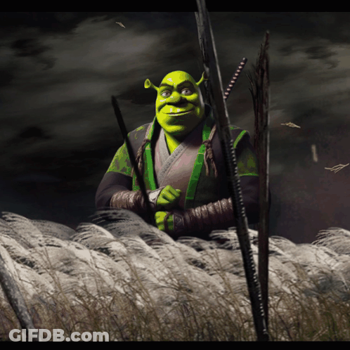 Shrek From The Movie Shrek Is Holding Two Swords In A Field GIF