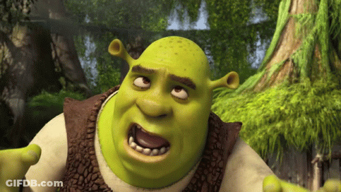 Shrek From The Movie Shrek Is Making A Funny Face With His Mouth Open GIF