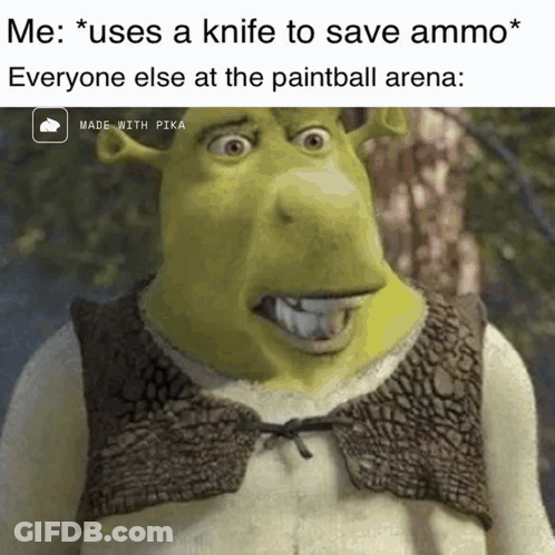 Shrek From The Movie Shrek Uses A Knife To Save Ammo From Everyone Else At The Paintball Arena GIF