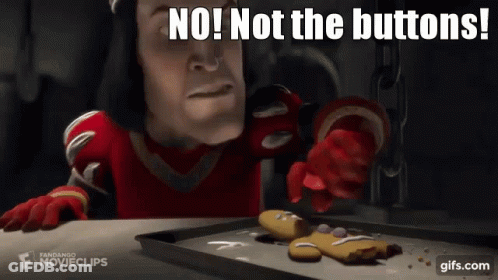 Shrek Is Looking At A Gingerbread Man On A Tray And Says No Not The Buttons . GIF