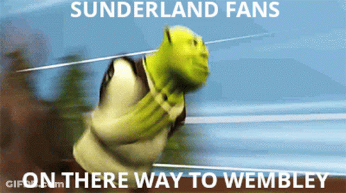 Shrek Is Running With The Words " Sunderland Fans On There Way To Wembley " Above Him GIF