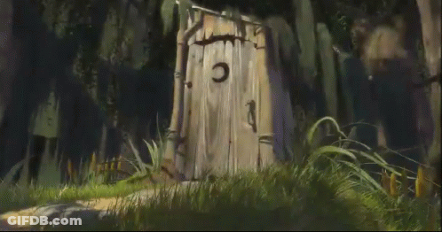 Shrek Is Standing In The Doorway Of A Wooden House In The Woods . GIF