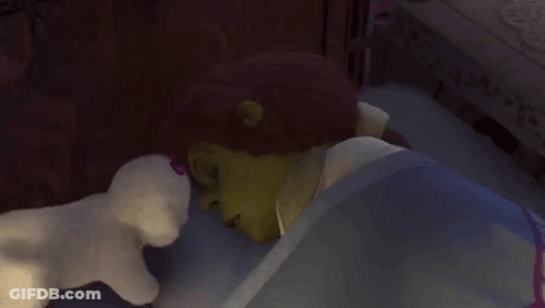 Shrek Laying In Bed With Stuffed Animals GIF