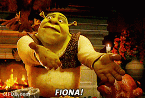 Shrek Says Fiona In Front Of Turkey And Fireplace GIF