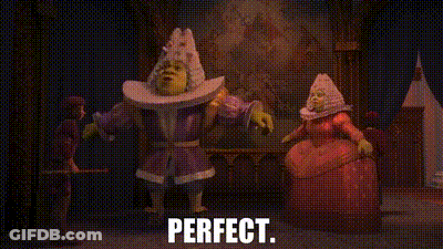 Shrek Standing Next To Woman In Red Dress And Man In Purple Robe GIF