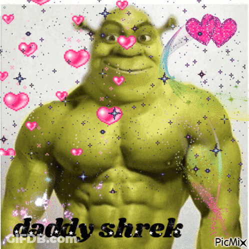 Shrek Surrounded By Pink Hearts Saying Daddy Shrek GIF