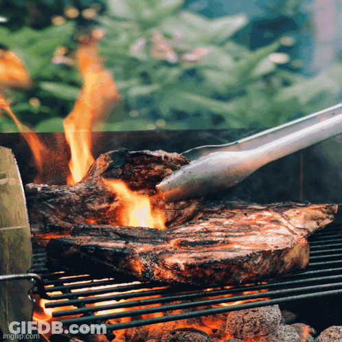 Shrimp And Meat Cooking On Grill With Vegetables GIF