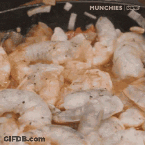 Shrimp Being Cooked In Pan With Munchies GIF