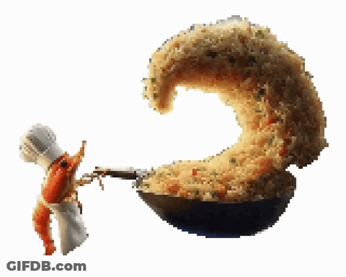 Shrimp In Chef Hat Holding Pan Of Rice GIF