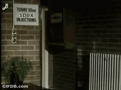 Sign On Brick Wall Says Today 10Am Sdux Injections GIF