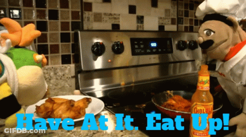 Sign That Says Have At It Eat Up On Kitchen Counter GIF