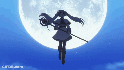 Silhouette Girl Holding Staff In Front Of Full Moon GIF