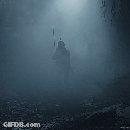 Silhouette Holding Spear In Foggy Forest Kepler GIF