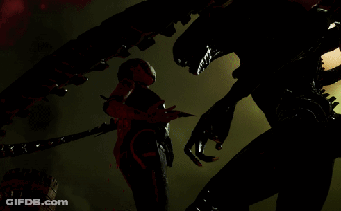 Silhouette Holding Sword Next To Monster GIF