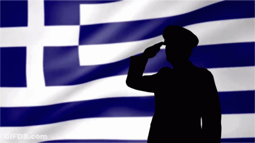 Silhouette Man Saluting In Front Of Blue And White Flag GIF