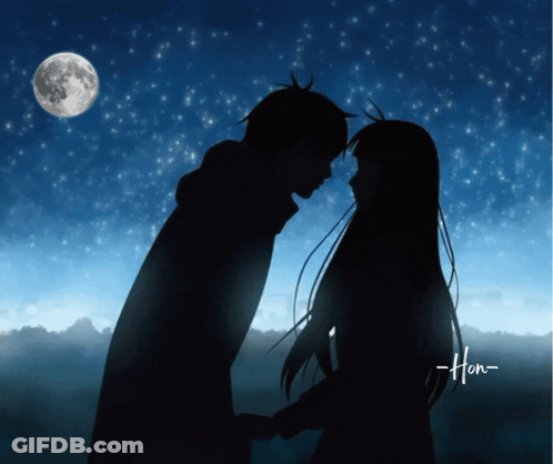 Silhouette Of Man And Woman Holding Hands Under Moon GIF