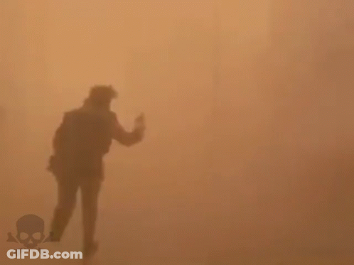 Silhouette Running In Foggy Field With Skull And Crossbones GIF