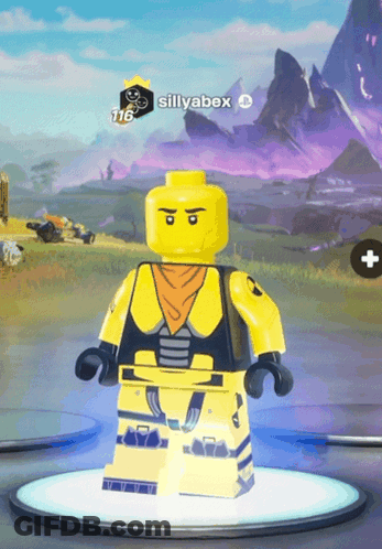 Sillyabox Lego Figure In Front Of Purple Mountain GIF
