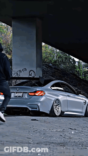 Silver BMW Parked Under Bridge With California Tag GIF