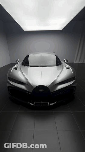 Silver Bugatti Sports Car Parked In Dark Room GIF