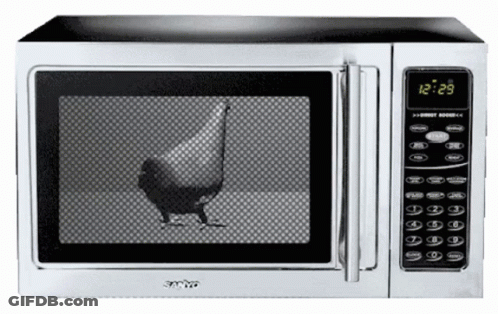 Silver Sanyo Microwave With Chicken Sticking Head Out GIF