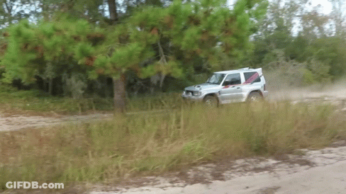 Silver SUV Driving Down Dirt Road In Woods GIF