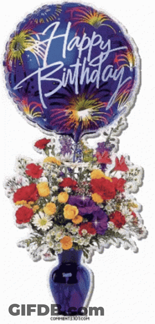 Single Happy Birthday Balloon With Flowers GIF