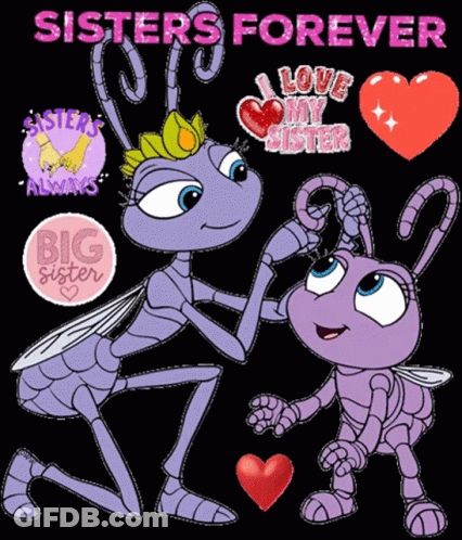Sisters Forever Poster With Two Ants And Hearts GIF