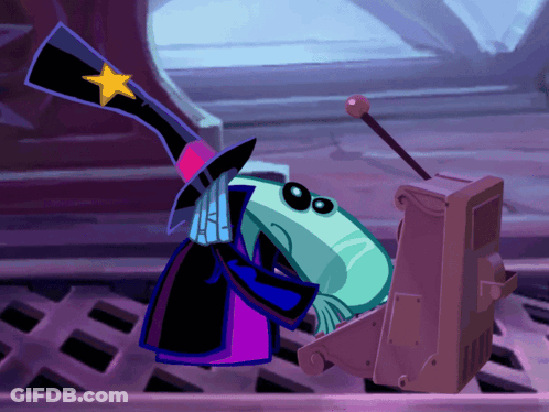 Sitting Character With Star Top Hat Near Machine GIF