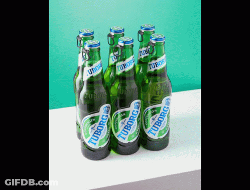 Six Bottles Of Tuborg Beer Are Lined Up In A Row GIF