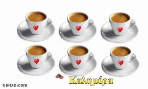 Six Coffee Cups On Saucers With Hearts And Καλημερα GIF