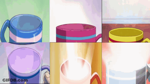 Six Different Colored Cups Are Lined Up In A Grid GIF